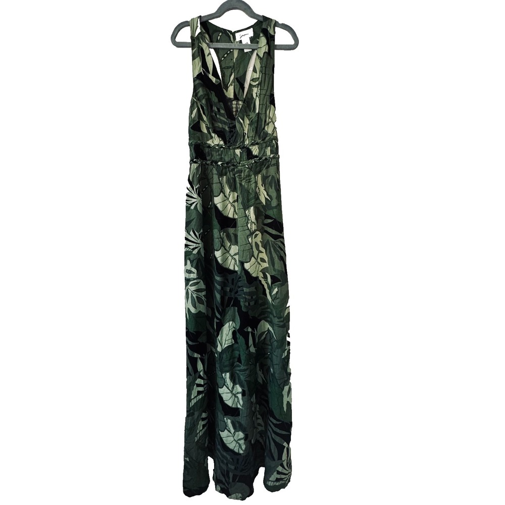 Jessa Tropical Leaf Print Maxi Dress XS Green Boho Resort Sleeveless Smocked NWT